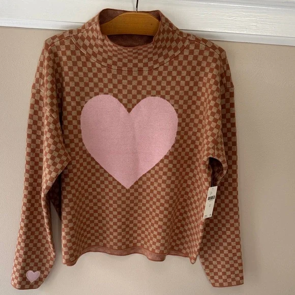 Maeve Brown Checkered Sweater with Pink Heart from Anthropologie - Picture 1 of 10